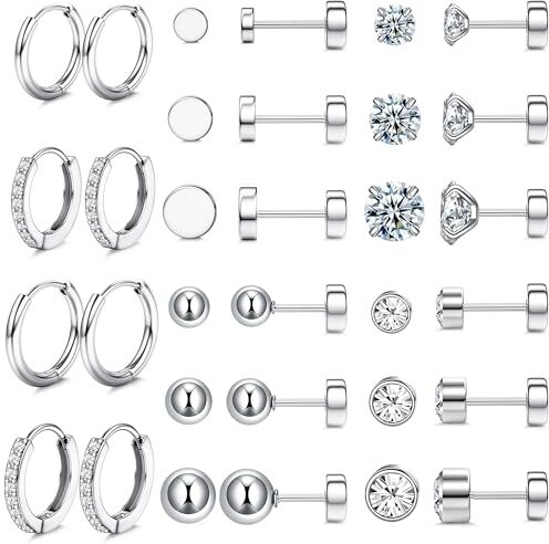 JeweBella Orecchini Acciaio Chirurgico Donna Piccoli Orecchini a Cerchio Argento Set Orecchini Opale Zirconia per Piercing Multipli Orecchini Anallergici Cartilagine Piercing Orecchio per Donna Uomo