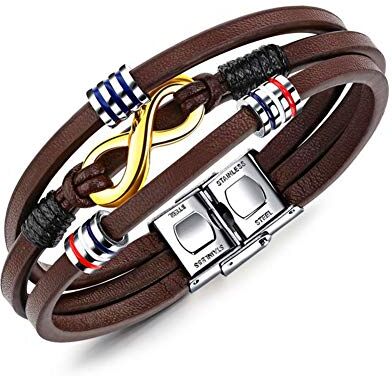 ATEIELLI Bracciale Uomo in PU Pelle Infinito Acciaio Inossidabile 21cm JW