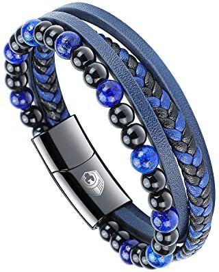 SHIEAGLELD Bracciale Uomo Pelle Classico Cuoio Braccialetto Uomo con Calamita Fibbia in Acciaio Inossidabile ed Esclusivo Portagioie per Braccialetti l'idea di Regali