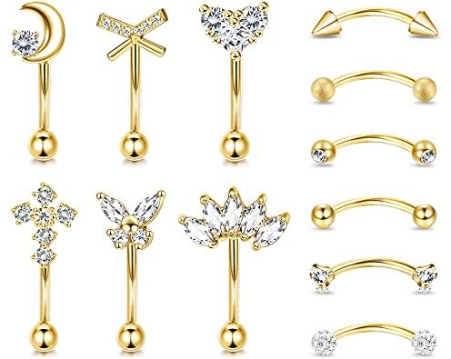 Dochais 12 Pezzi Piercing Sopracciglio Oro, Piercing Curvo Sopracciglio, Barbell Piercing Orecchio, Rook Piercing, Daith Piercing, Piercing Luna Fiore Cuore per Donne Ragazze Uomini 16G