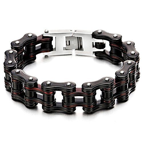 COOLSTEELANDBEYOND Maschile Uomo Catena di Bicicletta Moto, Bracciale da Acciaio Inossidabile, Nero Marrone D+UE Toni, Lucidato a Specchio