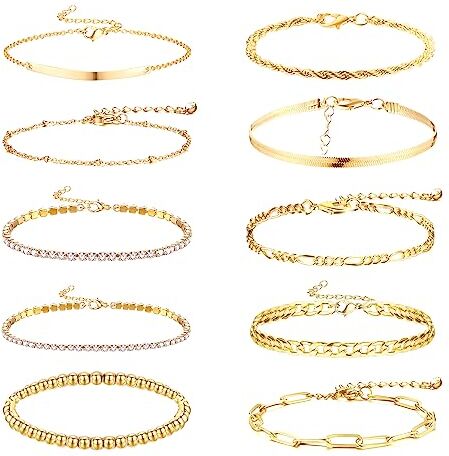 Dochais 10 Pezzi Bracciali d'Oro, Bracciali Da Donna, Bracciale Regolabile, Boho Bangle Gioielli Di Moda, Bracciale Con Graffetta, Bracciale a Catena d'Oro, Bracciale Con Zirconi