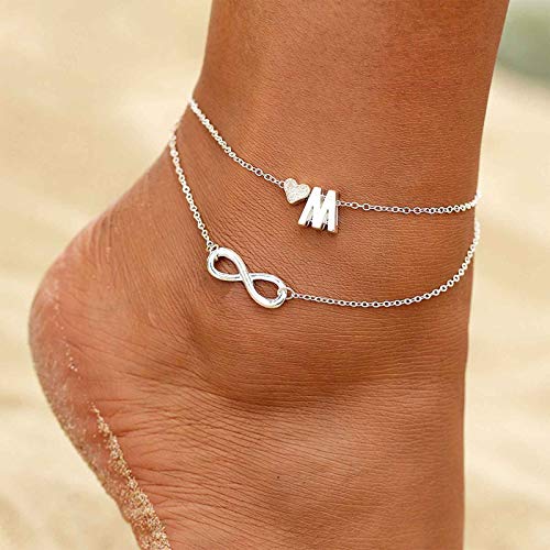 TseenYi Cavigliera Boho Infinity in argento a strati con cuore, lettera M, per donne e ragazze