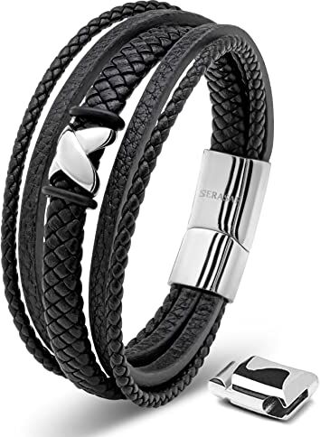 SERASAR Bracciale Argento Uomo 17cm Argento Braccialetto Uomo Pelle Cuoio Aggiustabile Regolabile Magnetico Inox Bracciali Braccialetti Perline Bigiotteria Cinturino Braciale Bracelet Corda Braciale