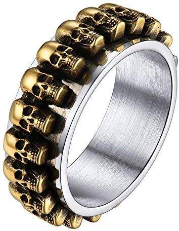 U7 Anello Teschio Girabile Ruotabile Scheletro per Uomo Donna Acciaio Inossidabile, Gioiello Stile Punk Hip Hop, Misura 17, Argento Oro con Confezione Regalo