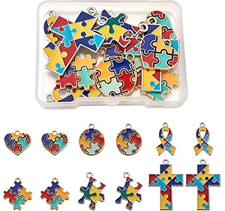 PH PandaHall 12 ciondoli in lega a forma di croce, cuore, nastro con sfondo a tasselli di puzzle simbolo dell'autismo, per collane, bracciali, orecchini e gioielli fai da te