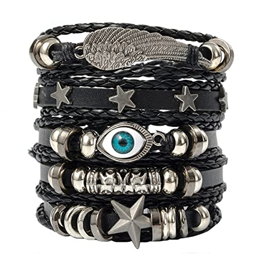 VELESAY Braccialetti in Pelle Intrecciata per Uomo Donna Intrecciato Cuoio Perline di Legno Braccialetto Multilivello Regolabile Bracciali Punk Goth Bracciale Vintage Pelle Bracciali