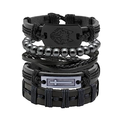 Manfnee 5Pz Retro Vintage Pelle PU Bracciale Fascia Corda Uomo Donna Piastra Perline Rock Punk Goth