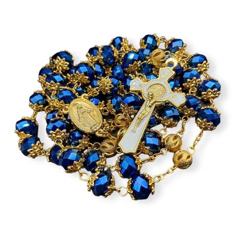 Nazareth Store Collana Rosario di San Benedetto Placcato Oro Blu Profondo 10mm Cristalli Perline Miracolosa Virgen De Guadalupe Medaglia Croce Cattolica