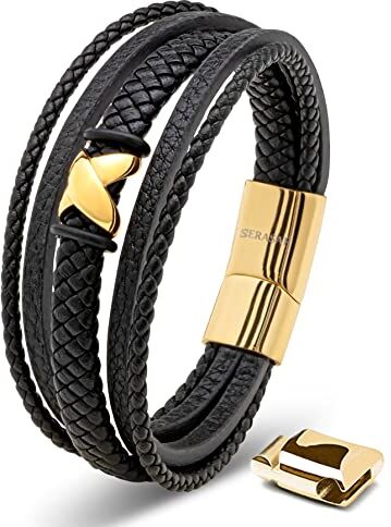 SERASAR Braccialetti Uomo Pelle 17cm Oro Braccialetto Uomo Cuoio Aggiustabile Magnetico Bracciali Braccialetti Perline Bigiotteria Bracialetto Cinturino Braciale Bambino Mens Bracelet Braciale Nere