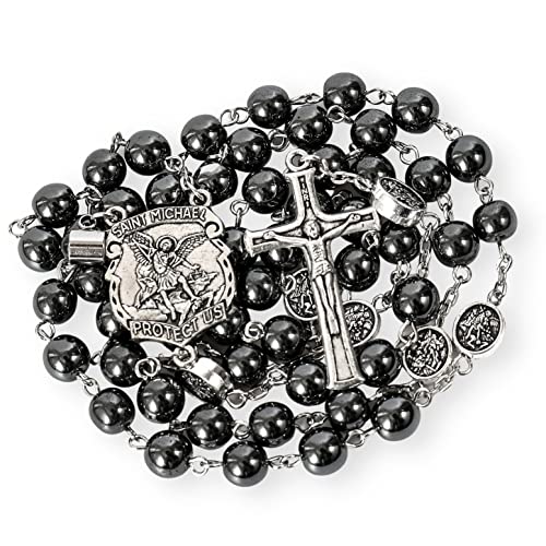 Nazareth Store Rosario in ematite con perline di pietra nera, collana rosario con proiezione di nostro padre, medaglia di preghiera San Michele, centrotavola per uomini e donne, Zinco