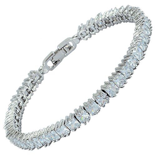 Rizilia Cubetto Di Ghiaccio Princess Cut Simulata Zirconia Cubica Bianca CZ 18K Placcato In Oro Bianco Bracciale Tennis, [18cm/7inch]