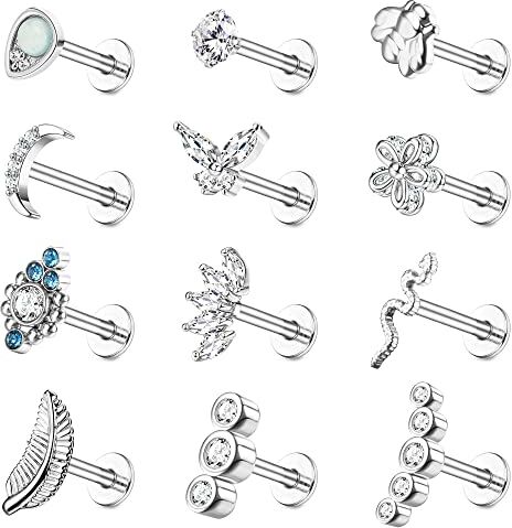 Milacolato 16G Piercing Labret Tragus Stud Acciaio Inossidabile CZ Fiore Naso Stud Cartilagine Orecchini Argento Oro Filettata Interna Labret Labbro Orecchio Piercing Gioielli 12Pcs 8mm argento