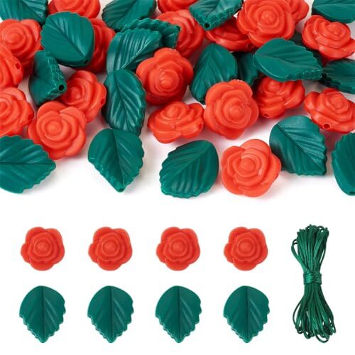 Cheriswelry 40 perline in silicone a forma di rosa, a forma di foglia, perline focali in silicone con filo di nylon da 1 mm, per collane fai da te, kit per la creazione