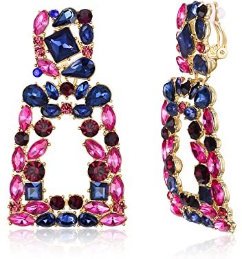 EVER FAITH Orecchini pendenti a clip rettangolari per Donne, orecchini non pendenti con cristalli di strass Brillante, dichiarazione geometrica Blu con Fucsia