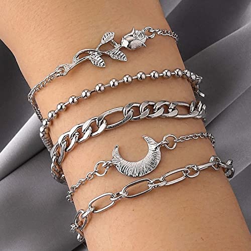 TseenYi Set Di Braccialetti A Strati Boho Braccialetto A Catena In Argento Braccialetto Con Ciondolo Forma Di Luna Rosa Braccialetto Multistrato Braccialetto Impilato Catena Gioielli Donne E Ragazze