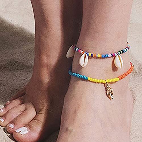 Marca Edary Boho Cavigliera elastica fatta a mano con perline multicolor conchiglia, cavigliera con arcobaleno e cavigliera da spiaggia per piedi e mani, gioielli estivi per donne e ragazze…