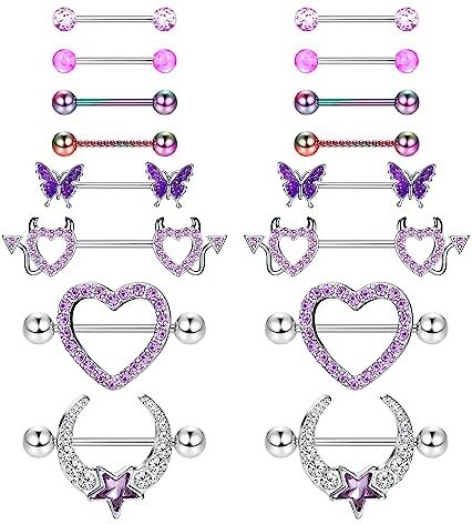 ADRAMATA 8 Pairs 14G Piercing Capezzolo Acciaio Chirurgico Capezzolo Piercing Set Stella Cuore Farfalla Capezzolo Anello con Catena Capezzolo Bar Lingua Piercing Corpo Piercing Gioielli Donna