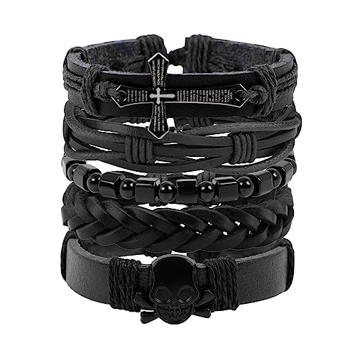 Manfnee 5Pz Croce Teschio Perline Bracciale Corda Punk Rock Bracciale Fascia Uomo Donna Pelle PU