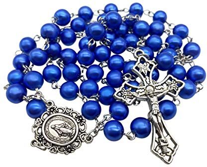 Nazareth Store Rosario con perline di perle blu e rosario cattolico uomo donna con medaglia miracolosa e croce d'argento