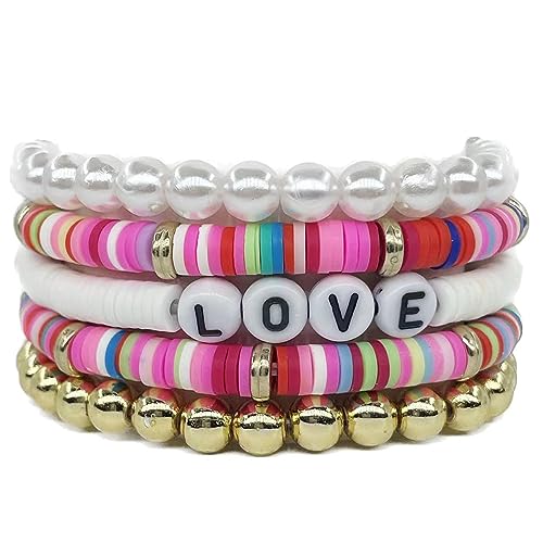 Clataly 5 Pz Colorato Morbido Ceramica Bracciali Lettera AMORE Bracciali Staccabili Elastici Perline Bracciali Gioielli per le Donne Ragazze (Colore)