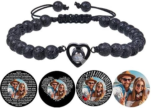 Certykllp Bracciale con perline cuore personalizzato con immagine all'interno Proiezione di foto Bracciale di cristallo nero agata bianco turchese bracciali per fidanzato fidanzato anniversario coppie gioielli