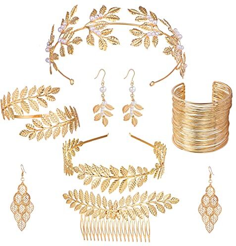 Sharp dea Greca Costume Gioielli set per Donne, Romano Alloro Foglie Corona Tiara Capelli Pettine Bracciale Orecchini Vortice Oro Matrimonio Toga Party