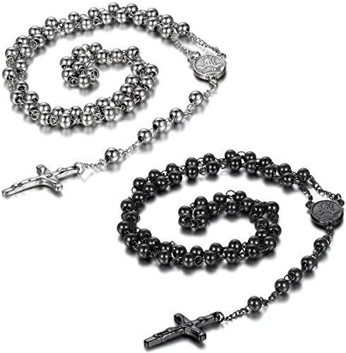 JewelryWe Gioielli 2Pezzi Acciaio Inossidabile Collana Collegamento Perline Catena Catenina Nero Rosario Jesus Gesu Cristo Crocifisso Croce Retro Uomo