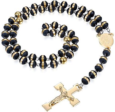 JewelryWe Gioielli Collana da Uomo Donna in Acciaio Inossidabile e Gomma, Ciondolo di Croce Gesu', 26 Polici, Colore Oro Nero (con Borsa Regalo)