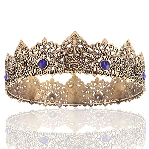 LEEMASING Re Uomini Oro Tiara Corona Imperiale Medievale Fascia di cristallo Costumi di corteo per matrimonio Halloween Faire Compleanno (oro scuro con pietra blu)