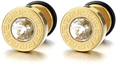 COOLSTEELANDBEYOND 8MM Oro Orecchini da Uomo. Motivo Chiave Greco. Acciaio Inossidabile con 4MM Zirconi. 2 pezzi