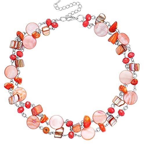 FULU AUTUMN Donne Collana di Conchiglie in Argento a Strati Collane Bohémien Corte Collana Girocollo con Perline Turchesi Regali Compleanno(59-Pink Orange)