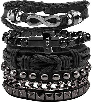 JJDreams Bracciale in pelle Uomo Set Bracciale Punk Bracciale Largo Rocker Bracciale Nero Incisione Bangles Gotico