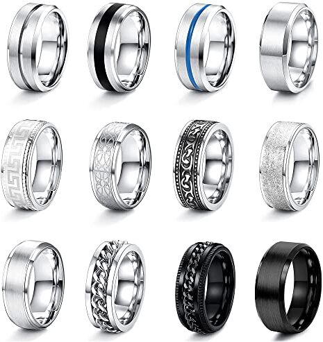 JeweBella 12Pezzi Anello Uomo Acciaio Inossidabile Anelli Argento Nodo Celtico Anello Biker Vintage Anelli Spinner Catena Nera Classico Anello Vichingo Punk Gotico Set di Anelli Fidanzamento per Uomo