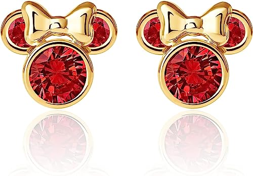 Disney Orecchini  in Oro Giallo 9 KT per Bambine con Minnie, Impreziosito da Zirconia Rosso