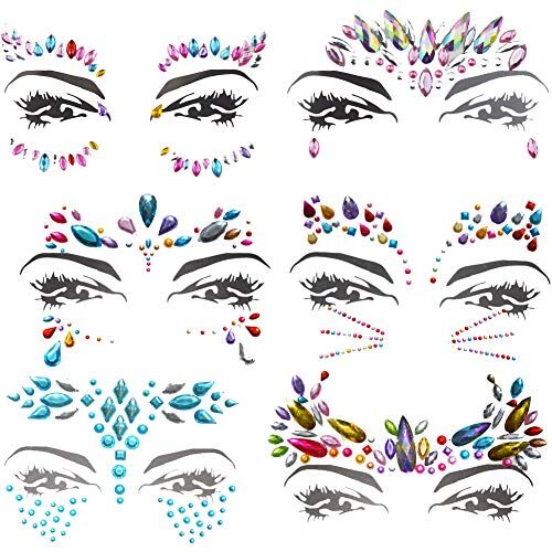 SIMUER 6 pezzi gioielli adesivi viso strass tatuaggio corpo cristallo glitter gemma viso gemme gioielli gioielli gioielli Face Jewels per festival Parties Shows Make-Up pelle arte (colorato)