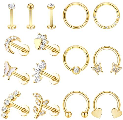 KRFY Piercing Trago Gioielli Acciaio Chirurgico Cartilagine Helix Tragus Piercing Ipoallergenico Cubic Zirconia Piatto Indietro Borchie Orecchini Piercing Ring Orecchini per Damen Argento 16G