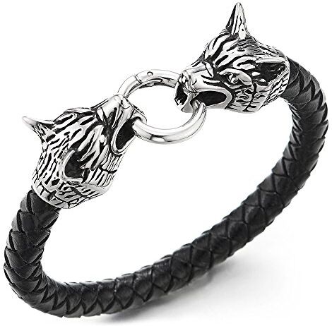 COOLSTEELANDBEYOND Annata Acciaio Inossidabile Testa di Lupo, Uomo Bracciale, Braccialetto di Pelle Intrecciata, Vera Pelle Nero