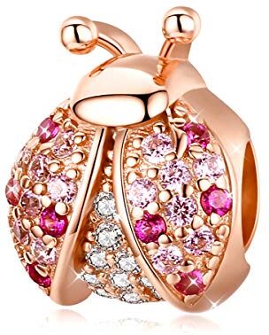 Fanona Charm a forma di coccinella, in argento sterling 925, argento placcato oro rosa, con zirconi cubici, adatto per braccialetti Pandora e collane fai da te