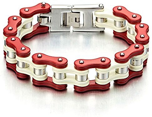 COOLSTEELANDBEYOND Pesante Catena di Bicicletta Motociclo, Bracciale da Uomo Acciaio, Colore Rosso Bianco, Lucidato a Specchio