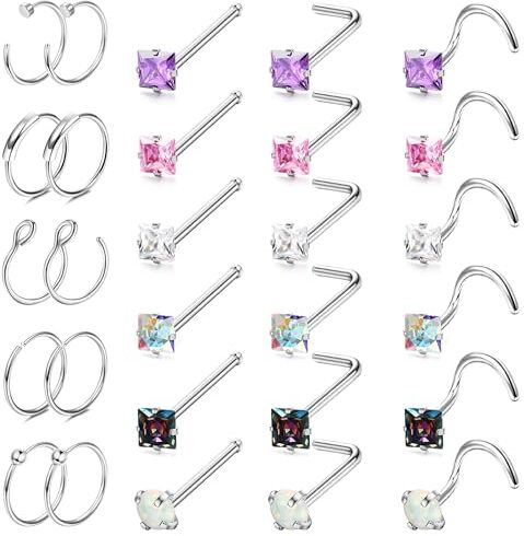 JeweBella 28Pezzi 20G Piercing Naso Acciaio Chirurgico per Donna Ragazze Colorato CZ Opale Piercing Naso Forma I/L/S Piercing Naso Cerchio Set Piercing Nostril Labret Medusa