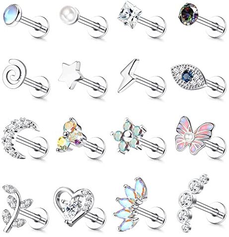 ADRAMATA 16 Pcs 16G Piercing Orecchio Acciaio Chirurgico Orecchio Set Trago Cartilagine Helix Orecchini Piercing Set Fiore Farfalla Orecchio Piercing Gioielli Trago Helix Piercing per Donna