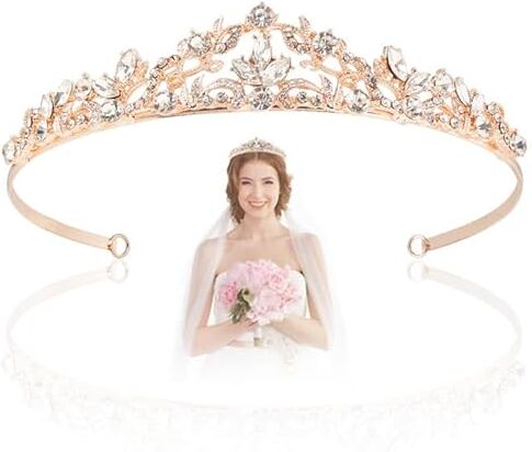 DGN Diadema Sposa, Corona Compleanno, Tiara Sposa, Diadema, Tiara Principessa, Tiara Elfica, Corona Principessa, Diadema Principessa per Compleanno, Nozze, Spettacolo, Ballo di Fine Anno Festa (Oro Rosa)