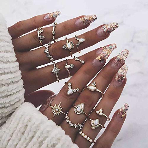 Fashband 16 pezzi/set donne cristallo vintage luna fiore foglie goccia d'acqua simbolo dei tarocchi anello irregolare giunto punk fascino anello d'argento set per ragazze