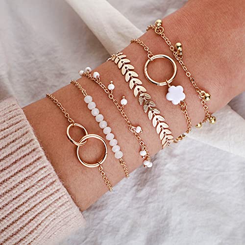 Wedity 6 pezzi Bracciale circolare multistrato Retro piegato a spina di pesce Bracciale con foglia di fiore piccolo Accessori per le mani Regolabili per donne e ragazze