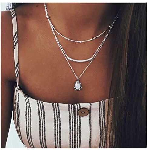 Inilbran Boho Stratificato Opale Pietra Di Luna Collana Girocollo Argento Tubo Bar Collana Girocollo Vintage Pietra Di Luna Collana Ciondolo Multistrato Orizzontale Bar Tubo Collana Gioielli Per