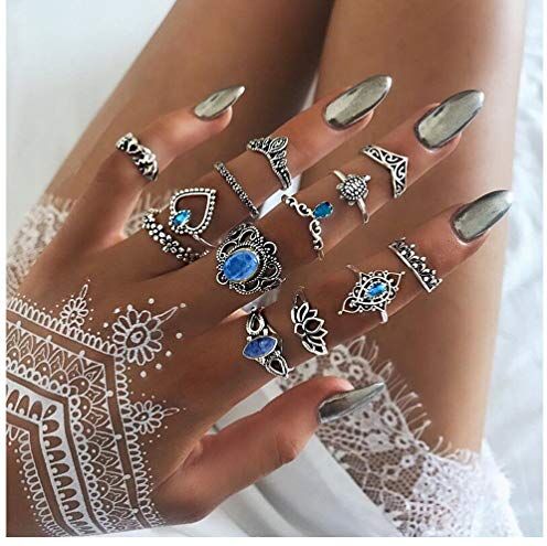 Dishowme Boho Flower Eagle Crown Deer Knuckle Rings Set Turchese Cross Bow Finger Joint Ring Costume di cristallo Anelli impilabili per le donne Ragazze Uomini (Argento D)