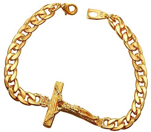 U7 Bracciale Uomo a Catena Cubana Fascia Grande Croce Gesù INRI Larga, Placcato Oro 18k, Gioiello Religioso Cristiano Cattolico, con Confezione, Lunghezza 21 cm, Oro