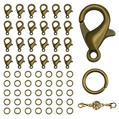 KINBOM 50pz Chiusura a Moschettone e 120pz Anelli Di Salto Aperti, Chiusura per Collana Tre Fili Connettore Gioielli Chiusura per Braccialetto (Chiusura: 12x6mm + Anello: 0,7x5mm, Bronzo)