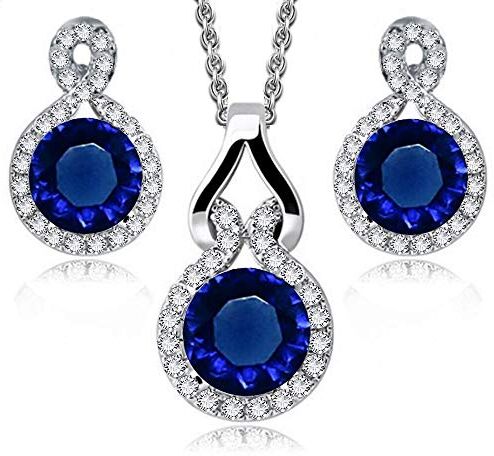 Crystalline Azuria Donna 18ct Placcato Oro Bianco Rotondo Zaffiro simulato Blu Cristalli di Zirconi Parure Collana con Ciondolo 45 cm Orecchini